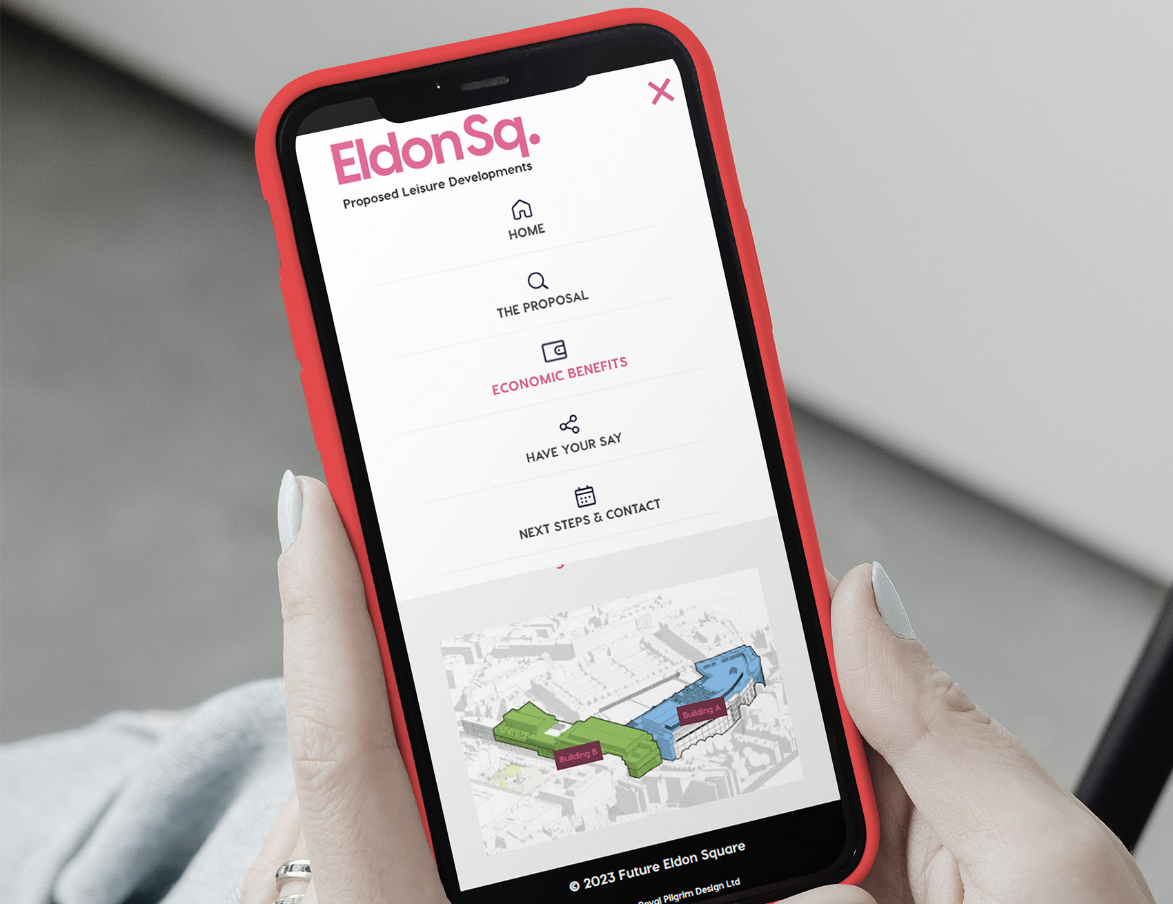 Eldon Square website navigation displayed on an i phone