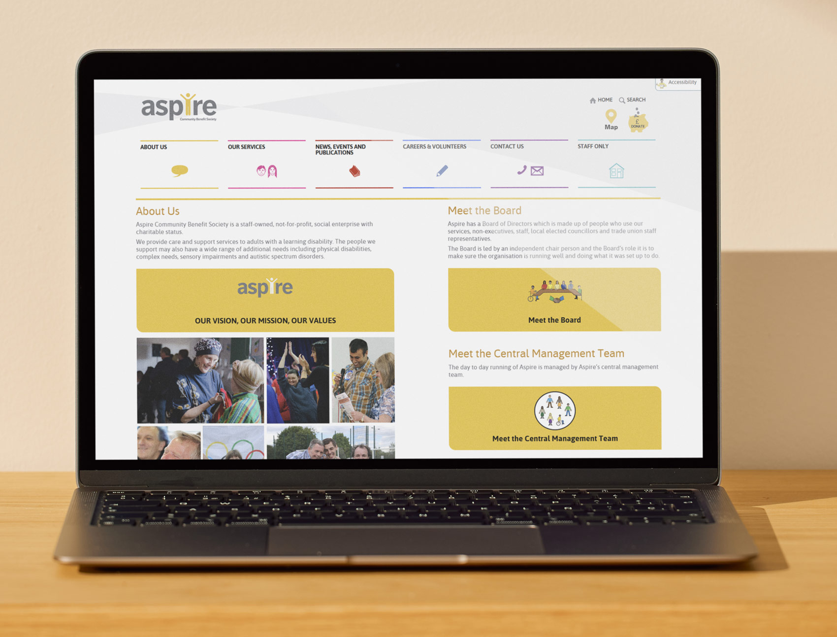 Aspire Community Benefit Society laptop about us